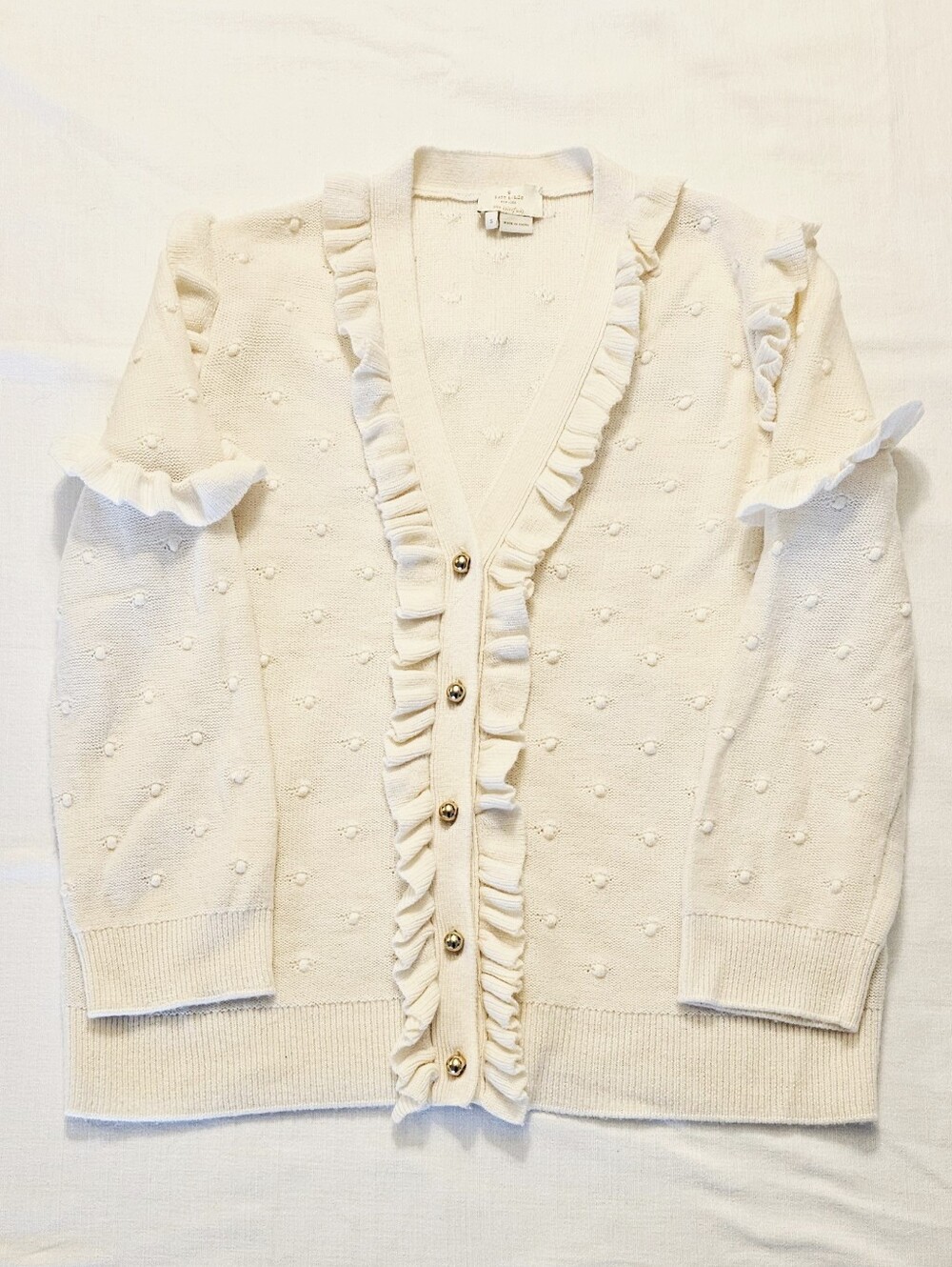 Kate Spade Wool Cream Ruffle-Trim Button Cardigan Sweater